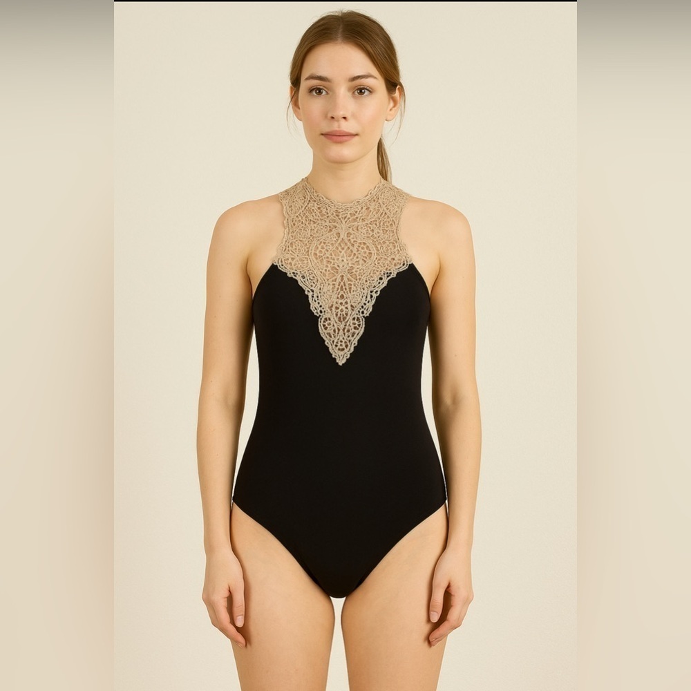 Love Culture Elegant Black and Tan Embroidered Laced Bodysuit.     Size-Small